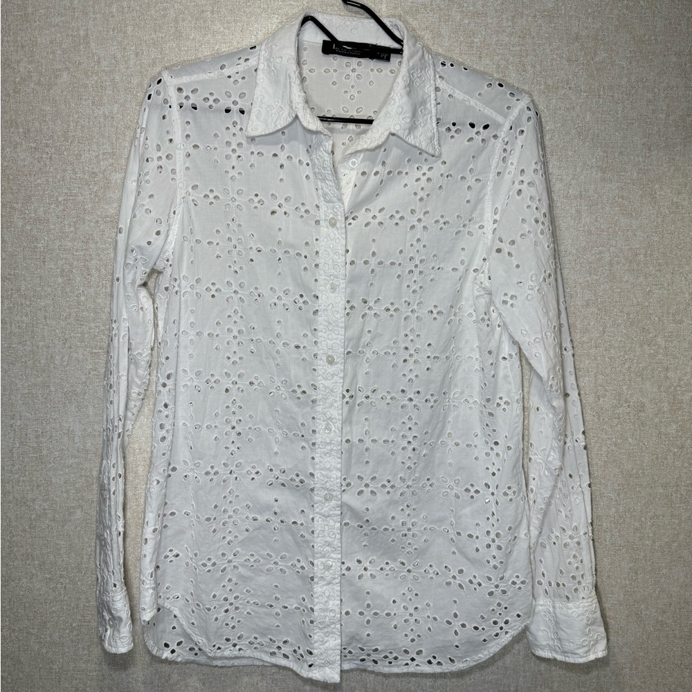 Lauren Ralph Lauren Black Label White Eyelet Long Sleeve Button Down Shirt SizeM